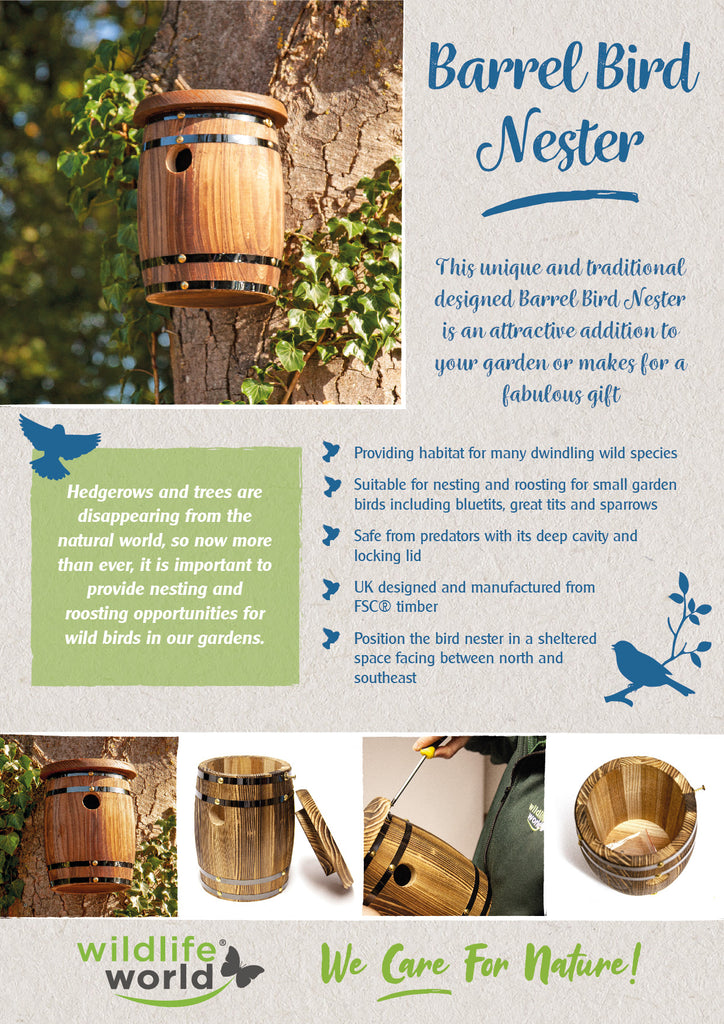 Wildlife World Barrel Bird Nester Fact Sheet POS